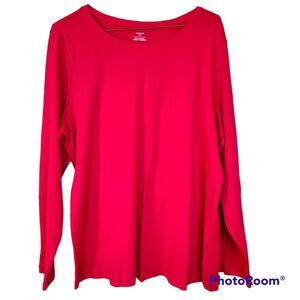 CJ Banks Size 1X Classic Red Relaxed-Fit Cotton Scoopneck Long Sleeve Top NEW